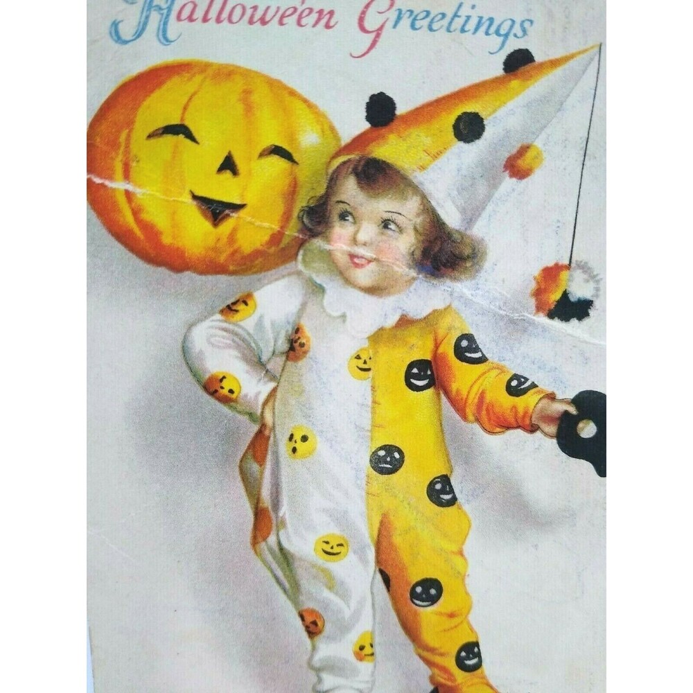 Halloween Postcard Ellen Clapsaddle Wolf Series 31 Lil Girl Clown Vintage RARE